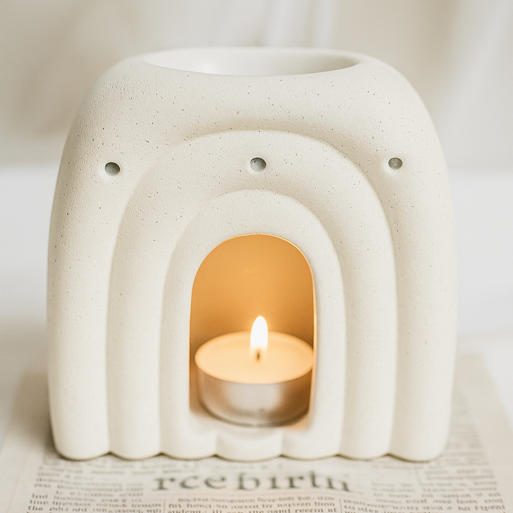 Keramik-Duftlampe in Bogenform mit eingesetztem Teelicht, ideal für ätherische Öle oder Wachsmelts.