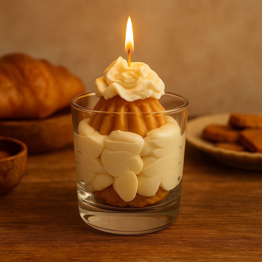 Handgemachte Duftkerze im Glas in Croissant-Optik mit karamellfarbener Basis und weißer Wachstopping, umgeben von Gebäck auf einem Holztisch – perfekt inszeniert in einer warmen, gemütlichen Atmosphäre.