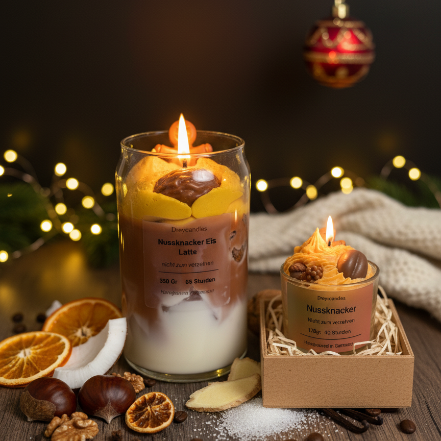 Elegantes Nussknacker Duftkerzen Set mit großer Latte-Kerze, kleiner Sahne-Kerze und gratis Duftwachs – handgegossen von Dreyscandles, ideal als Weihnachtsgeschenk.