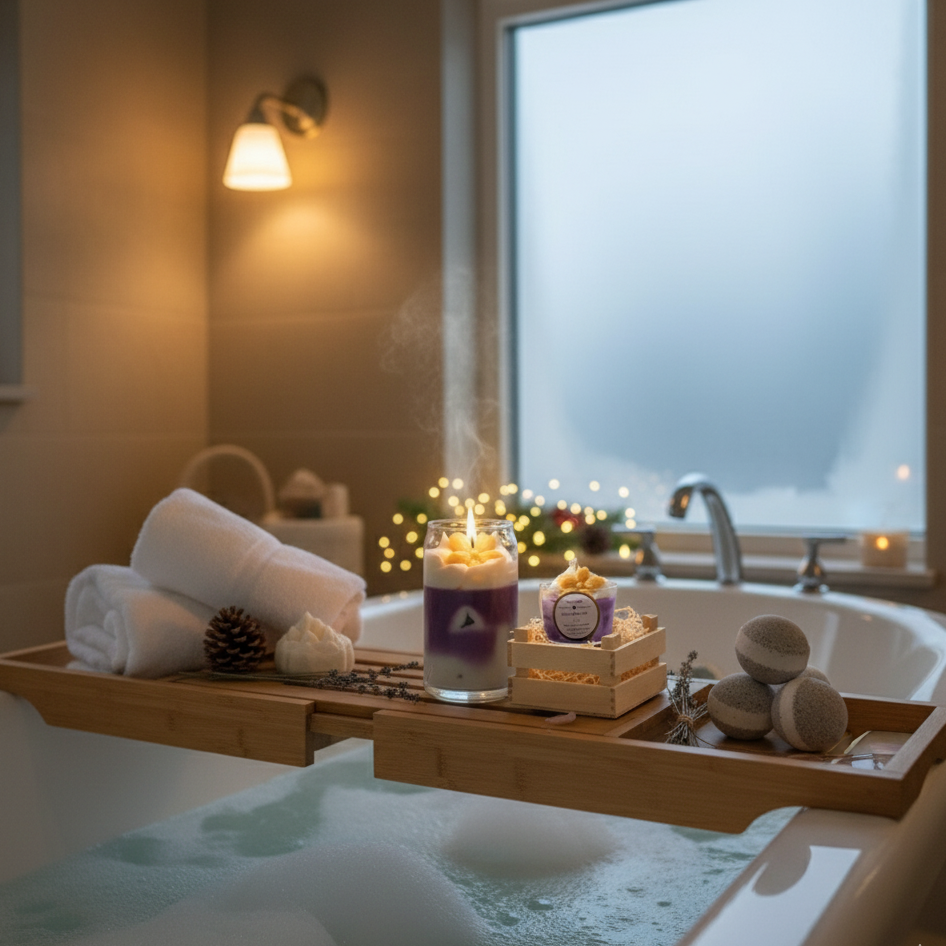 Lavendeltraum Duftkerze Handgegossen im Luxus Badzimmer