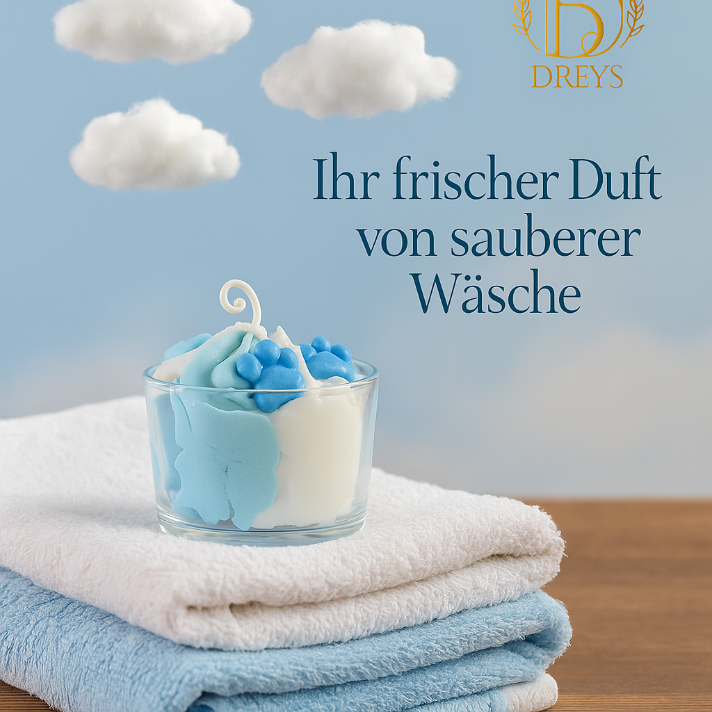 Handgemachte Sojawachs-Kerze Frische Wäsche mit eleganter Etikette und frischem Design

