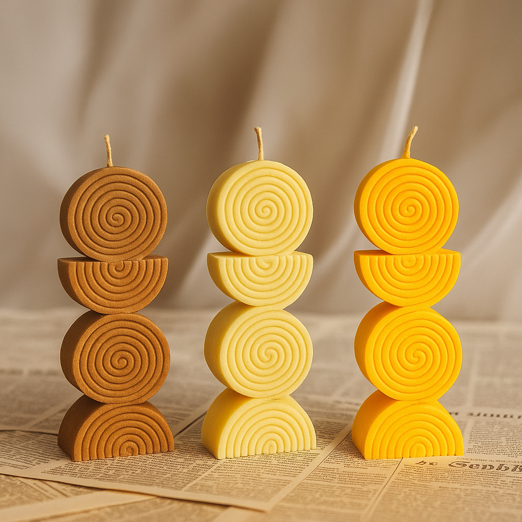 Handgegossene Spiral-Kerzen im skulpturalen Design – stilvoll & farbenfroh.

