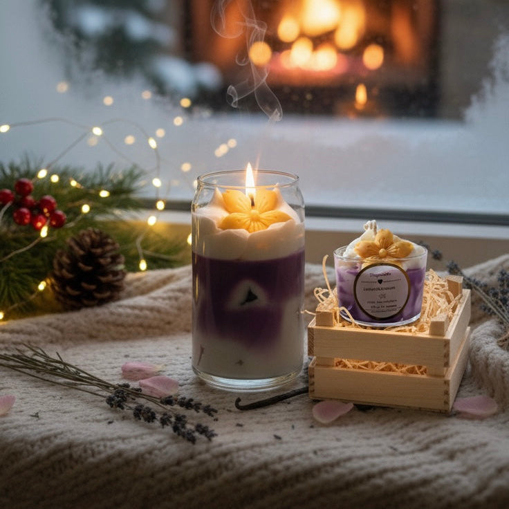 Lavendeltraum Eis Latte Duftkerze mit Gelwachs und goldener Blütendekoration – handgegossen von Dreyscandles, ideal als Geschenk für Ruhe und Entspannung.