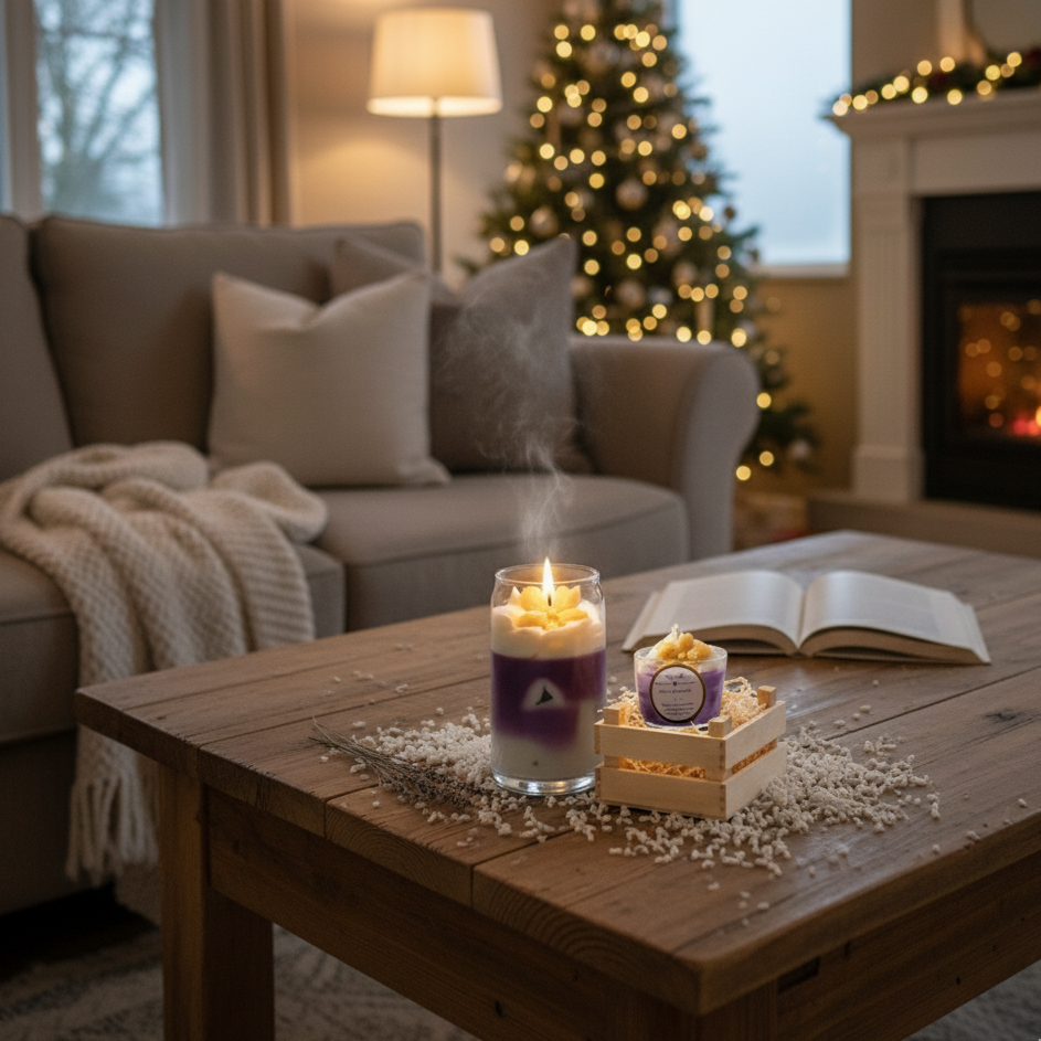 Lavendeltraum Kerzenset auf einem gemütlichen Tisch