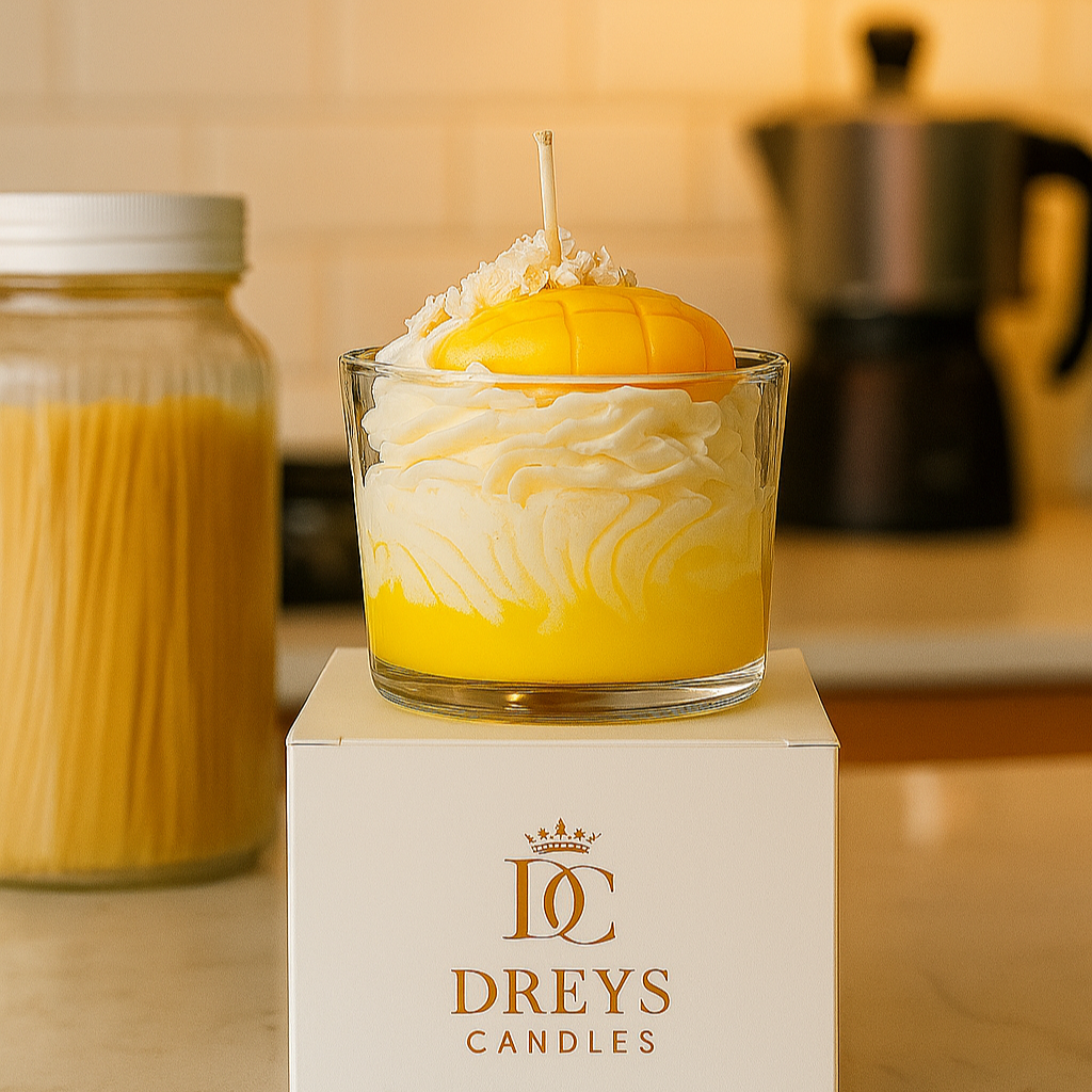 Handgemachte Mango-Maracuja-Duftkerze von Dreyscandles, in edlem Glas mit cremiger Wachstextur, vegan und aus Sojawachs