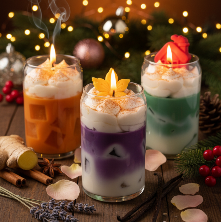 Kerzen-Set Magie de Noël – 3 handgegossene Duftkerzen aus Sojawachs mit Gel-Wachs-Effekt wie Eiswürfel, festliche Geschenkidee